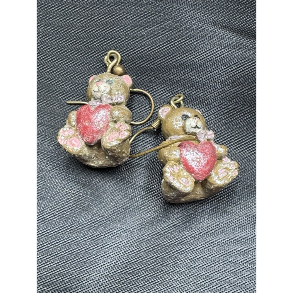 Vintage Gold Tone Sitting Teddy Bear Holding Heart Dangle Earrings